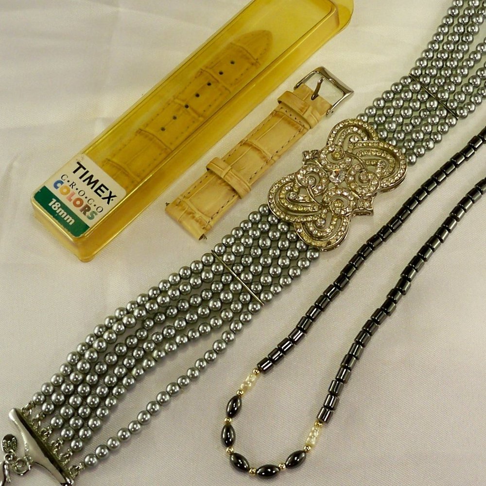 *Crystals Multi Strand, *Black Beed Necklace & Watch Band